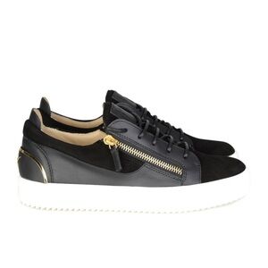 Giuseppe Zanotti Low-Top Sneakers | Black Suede/Leather Gold Side Zipper Size 10